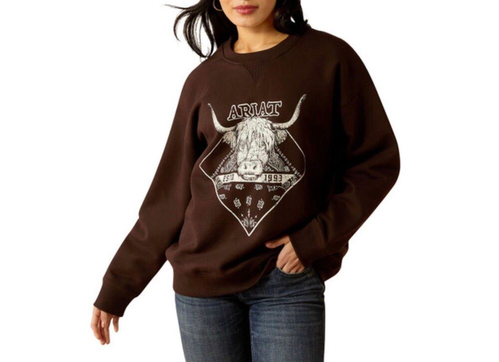 ARIAT Women's Taurus Fleece Oversized brown Crew Neck Graphic Sweatshirt M NWT